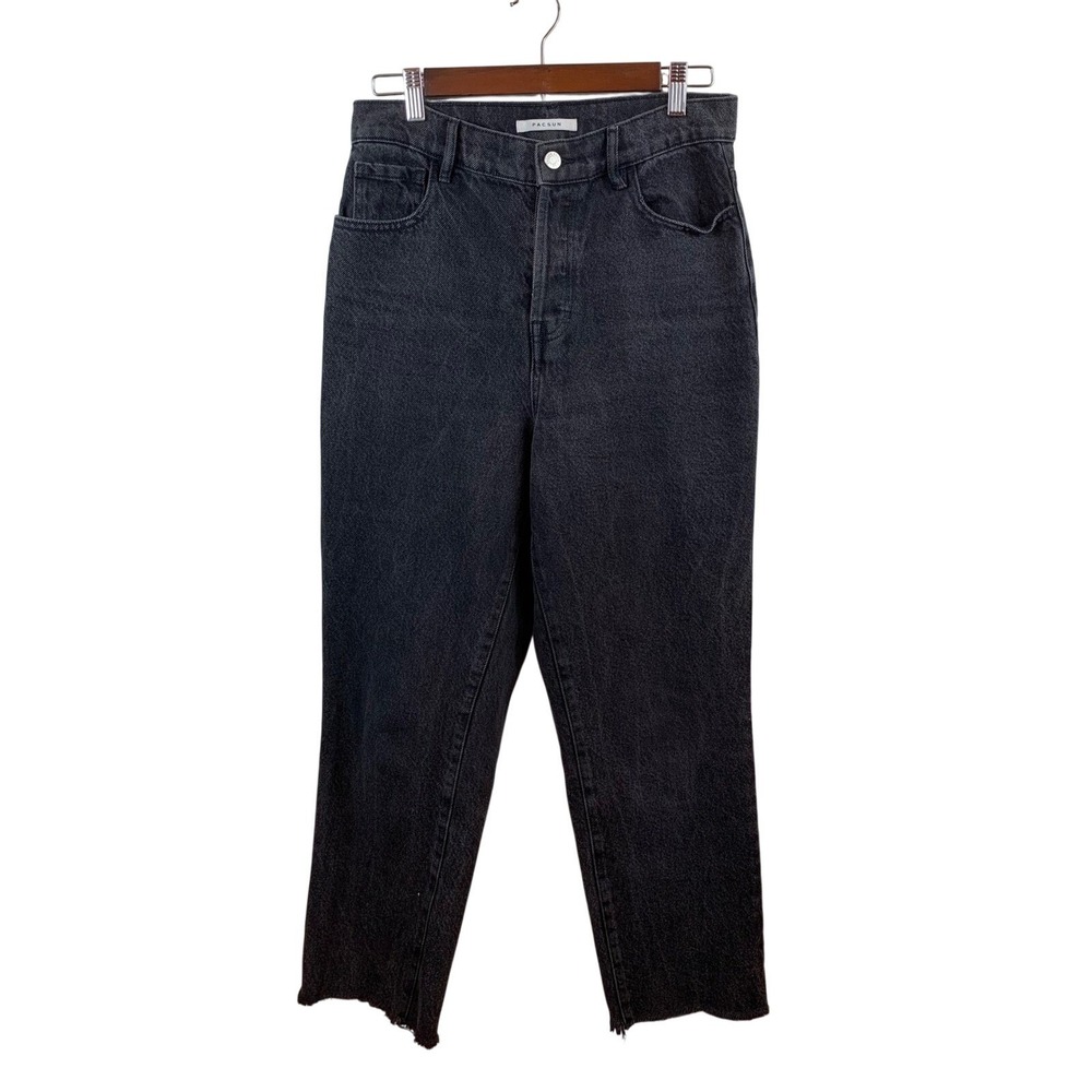 PacSun High Rise Straight Leg Jeans Womens 28 Black Frayed Hem Button Fly Denim - Picture 3 of 11